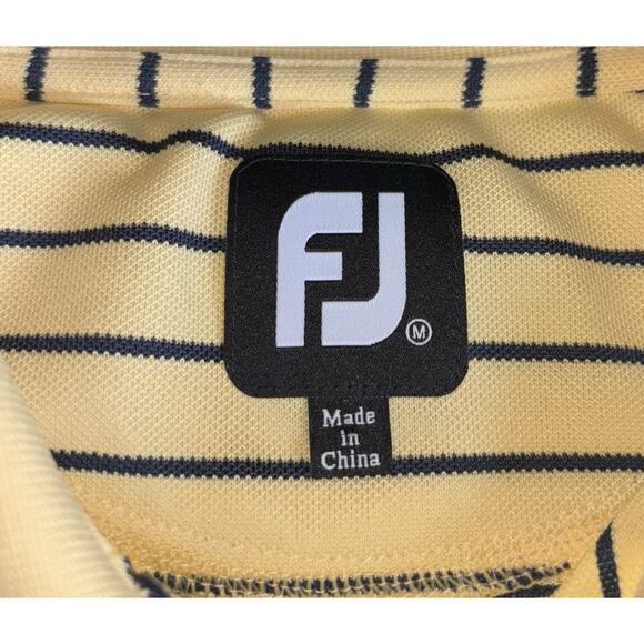 FJ Footjoy Men's Polo Shirt Medium Yellow Navy Stripe Unknown Golf Course Logo - Picture 12 of 12